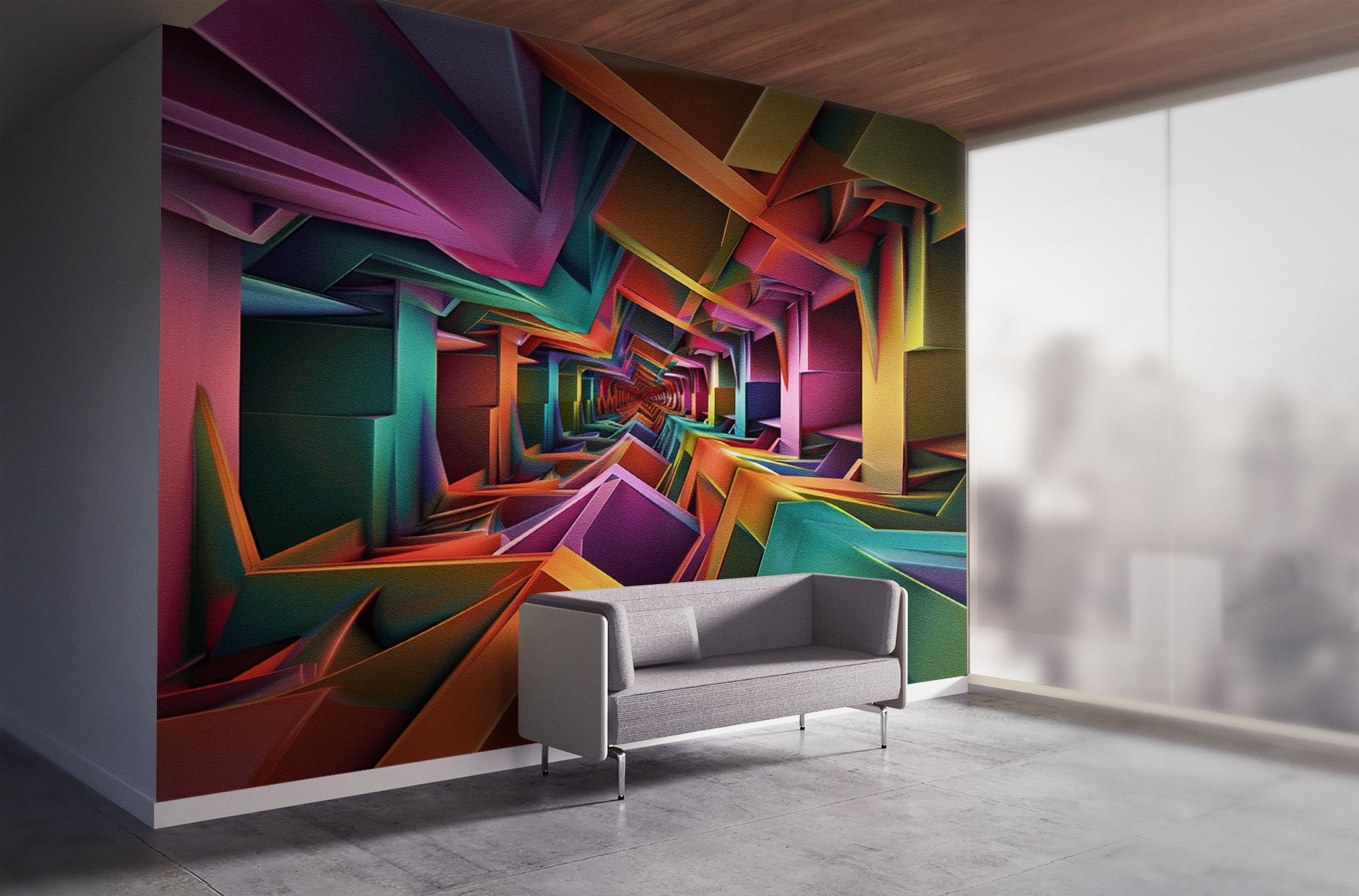 papier peint 3D perspective multicolore kaleidoscopique dans un hall