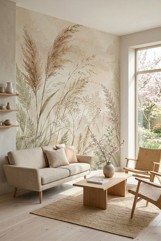 Papier peint panoramique champêtre beige et vert représentant des graminées et herbes sauvages dans une ambiance douce et naturelle