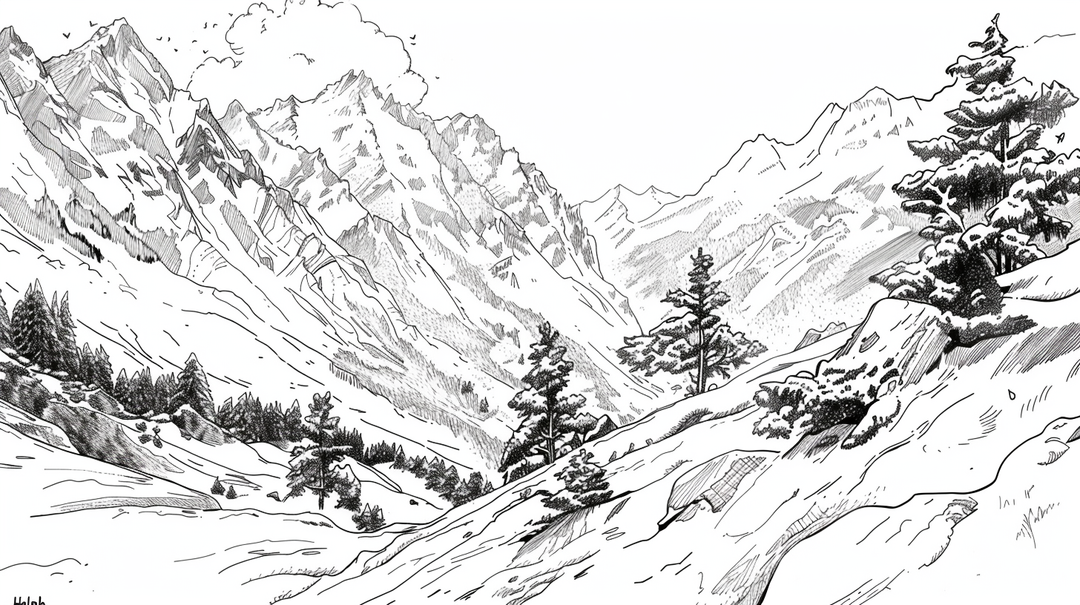 Poetry of the Heights - Alpine Illustration in Black and White