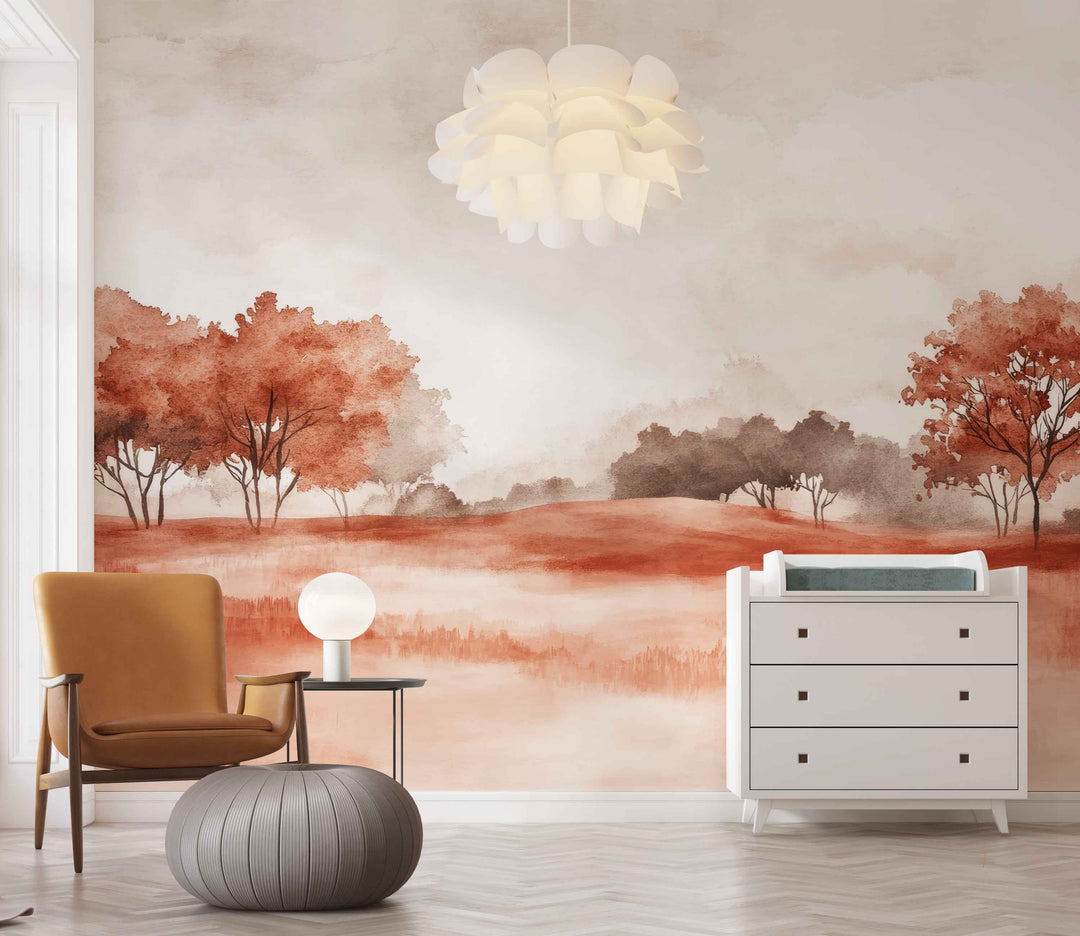 Rêverie en Terracotta : Papier Peint Panoramique Champêtre en Aquarelle