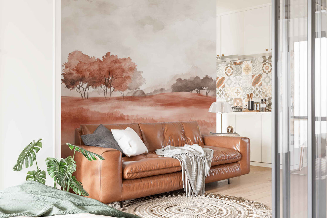 Rêverie en Terracotta : Papier Peint Panoramique Champêtre en Aquarelle