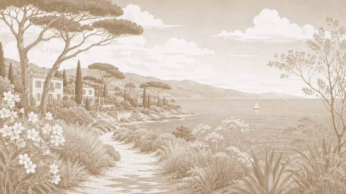 Riviera méditerranéenne sépia - papier peint panoramique, motif à plat