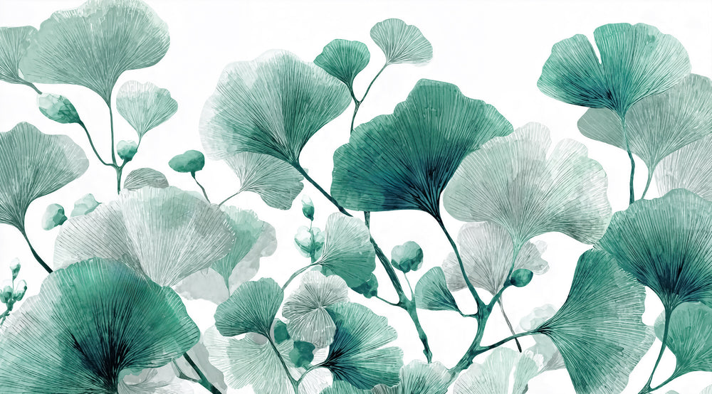Rythme Botanique – Papier Peint Ginkgo Vert et Blanc Élégant