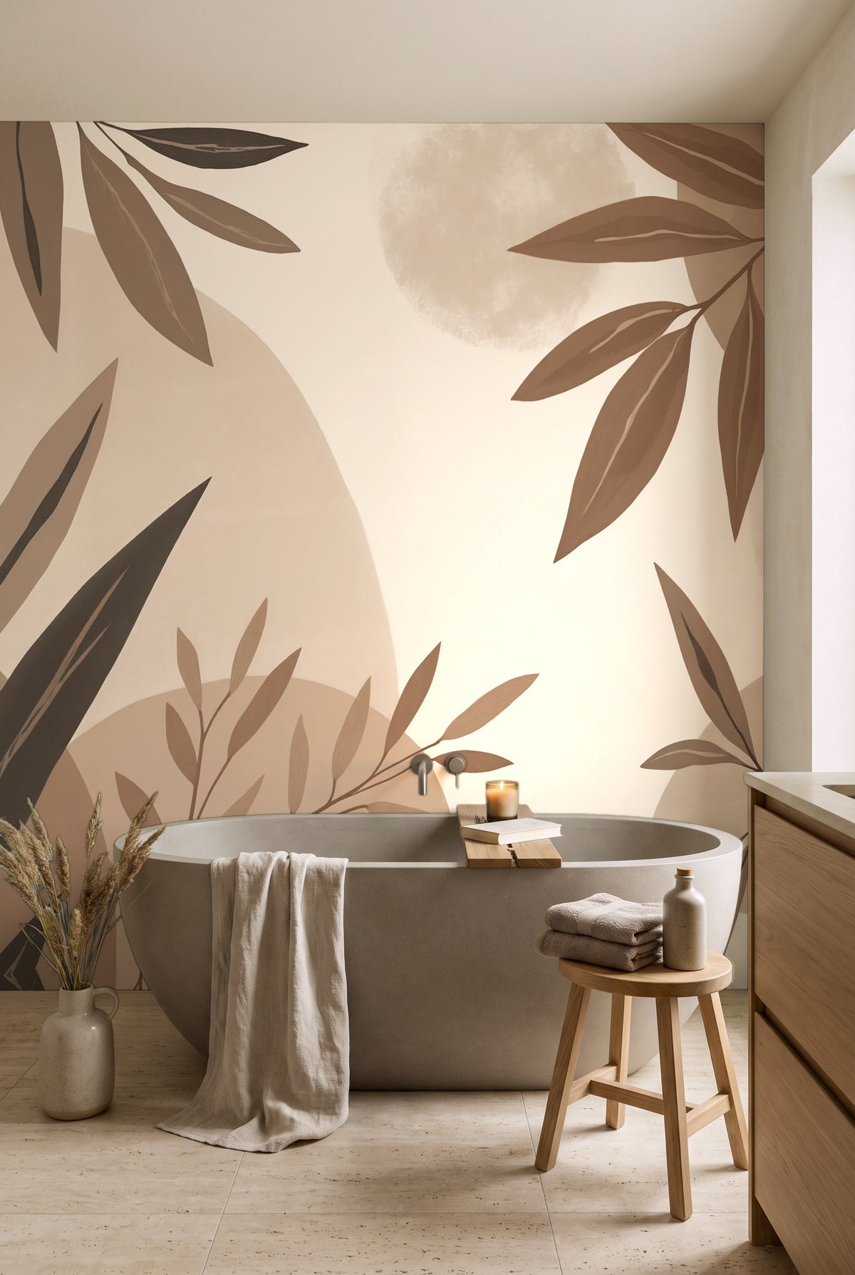 Salle de bain avec baignoire en pierre devant un papier peint panoramique de feuillages taupe sur fond lin, ton sur ton