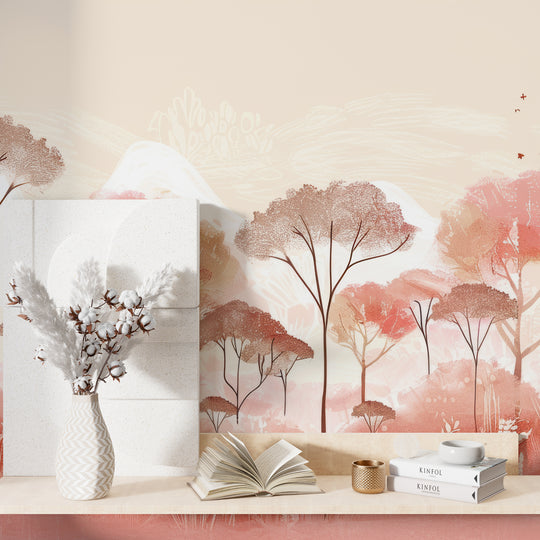 Tendre Nature - Papier Peint Arbres Stylisés en Tons Pastel