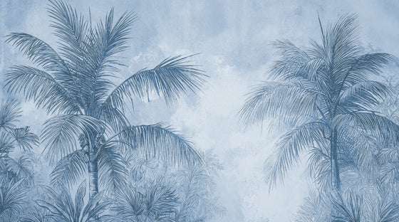 Terra palmera en bleu – Papier peint panoramique exotique bleu azur