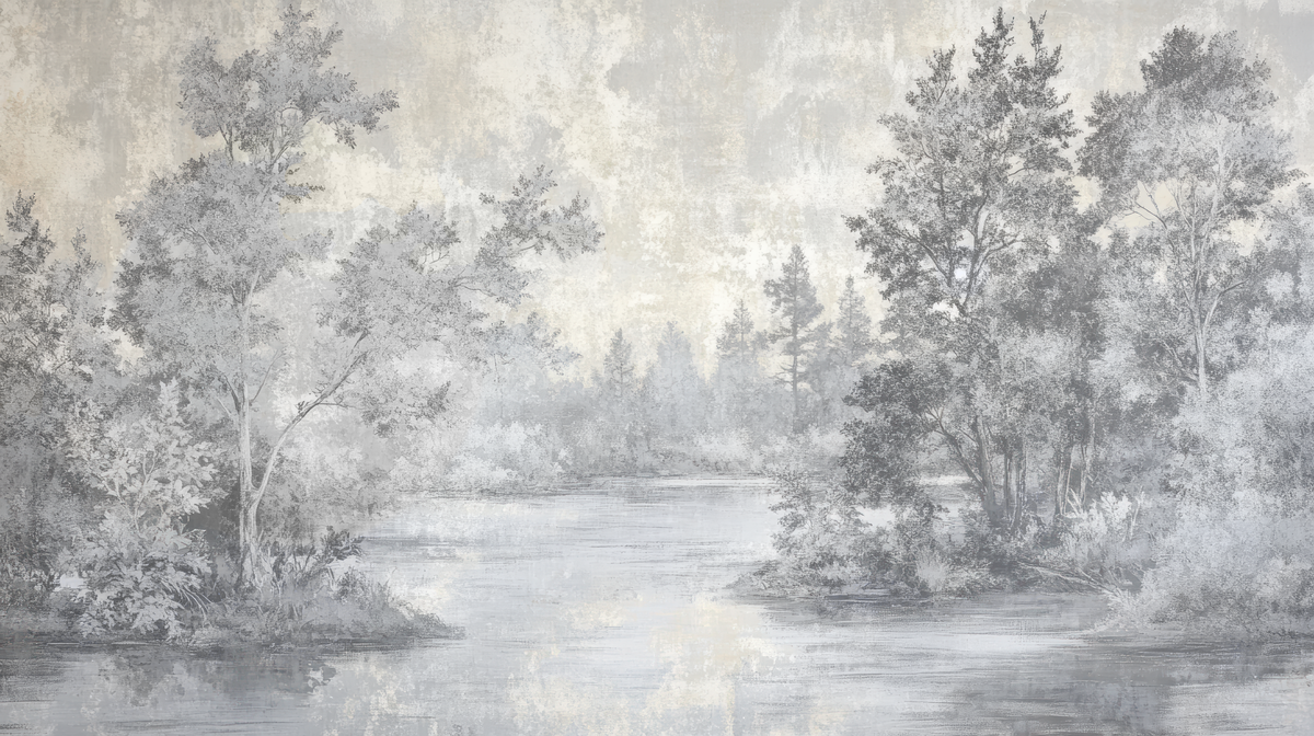Toile de Jouy en Gris - papier peint panoramique, motif à plat
