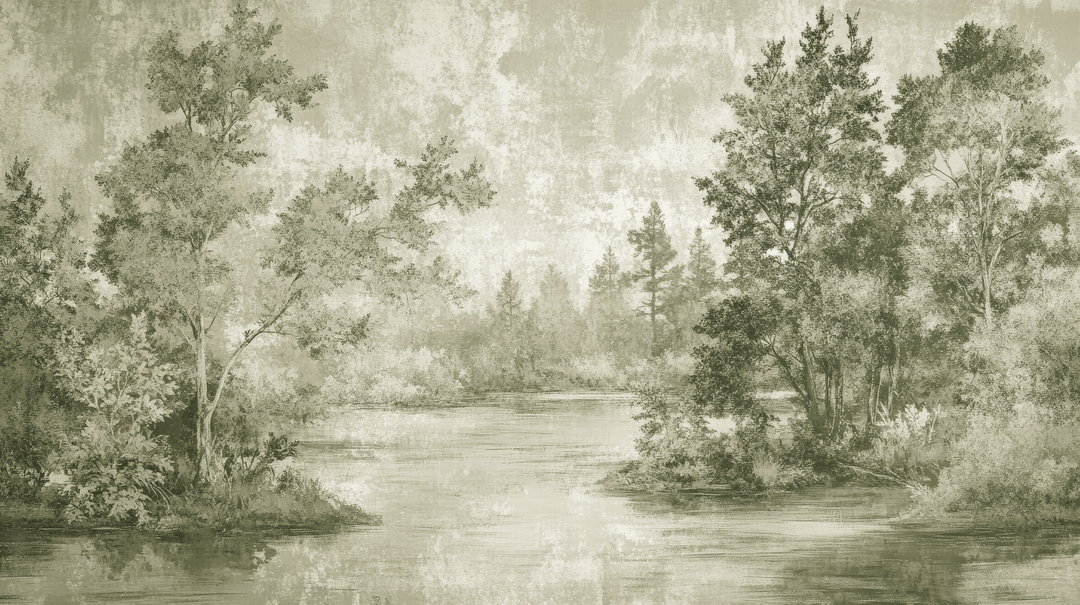 Toile de Jouy en vert kaki - papier peint panoramique, motif à plat