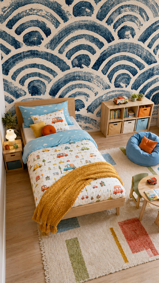 Chambre d'enfant colorée avec papier peint vagues seigaiha bleu indigo