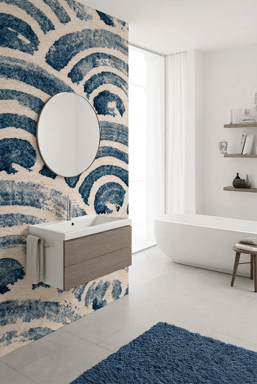 Salle de bain avec baignoire îlot et papier peint vagues seigaiha bleu indigo