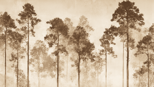 Voyage au cœur des pins en beige - papier peint panoramique, motif à plat