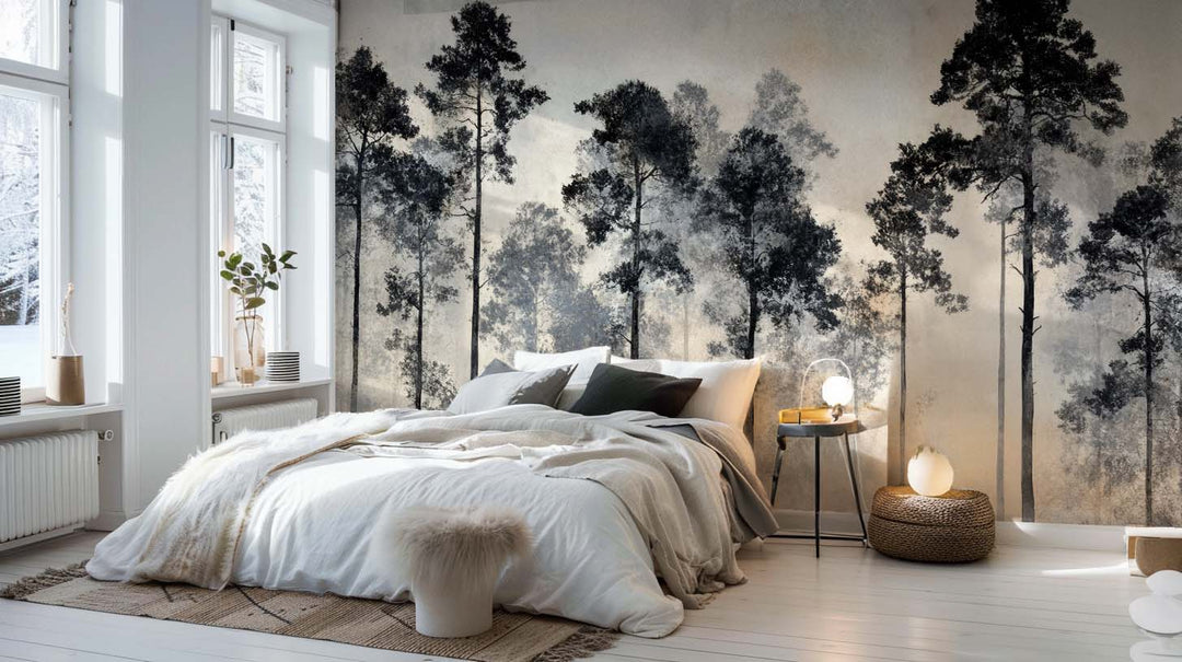 Voyage au cœur des pins – Papier peint panoramique forêt brumeuse