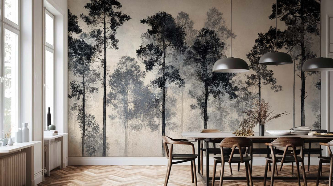 Voyage au cœur des pins – Papier peint panoramique forêt brumeuse