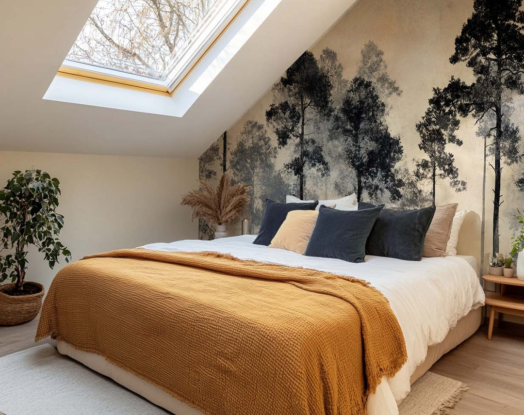 Voyage au cœur des pins – Papier peint panoramique forêt brumeuse