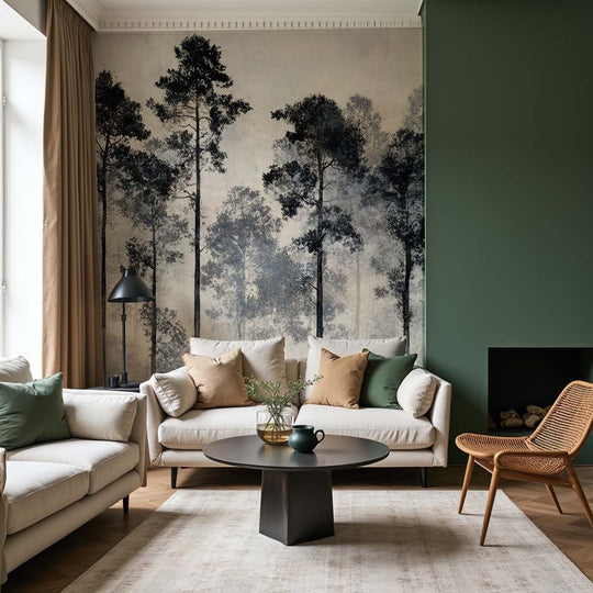 Voyage au cœur des pins – Papier peint panoramique forêt brumeuse