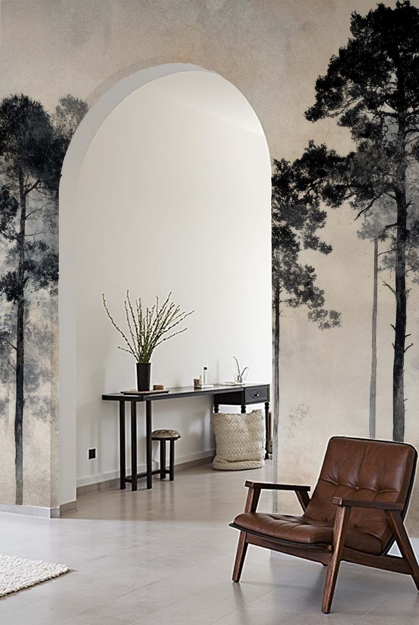 Voyage au cœur des pins – Papier peint panoramique forêt brumeuse