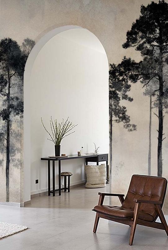 Voyage au cœur des pins – Papier peint panoramique forêt brumeuse