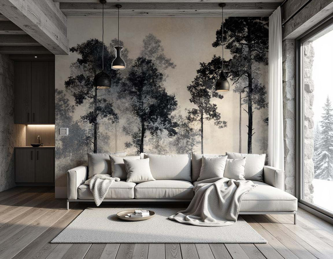 Voyage au cœur des pins – Papier peint panoramique forêt brumeuse