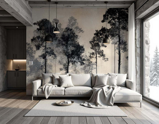 Voyage au cœur des pins – Papier peint panoramique forêt brumeuse