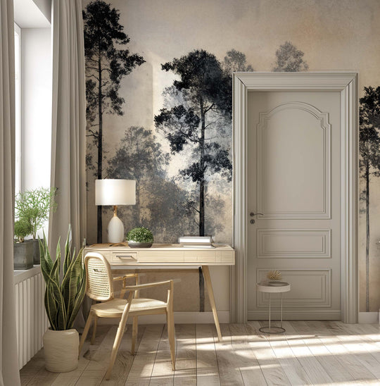 Voyage au cœur des pins – Papier peint panoramique forêt brumeuse