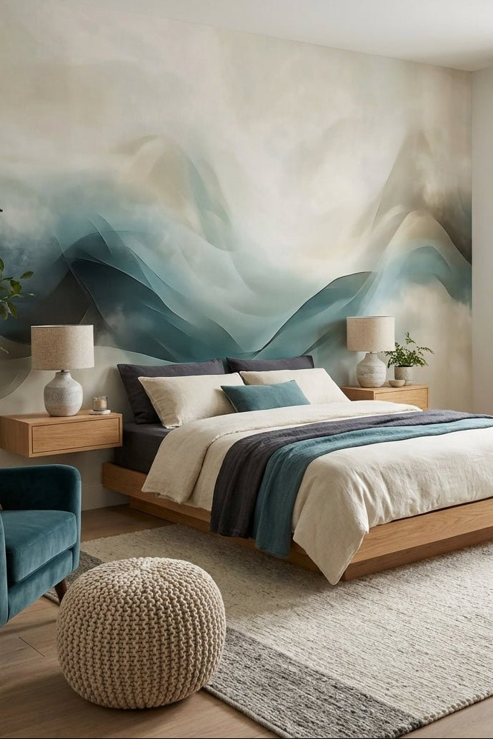 Abstraction Océane : Papier Peint Vagues en Aquarelle - Illulart: Papier peint panoramique