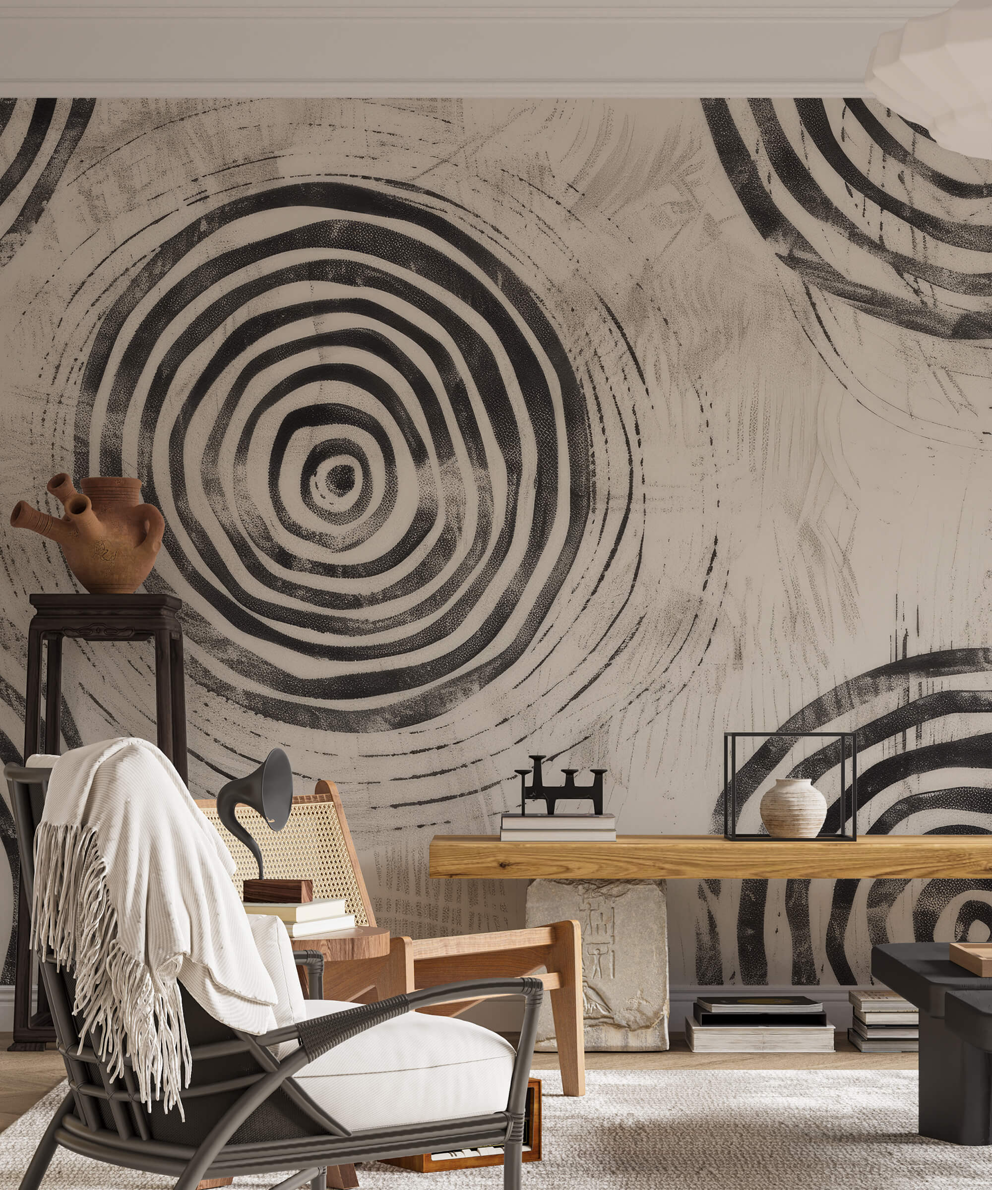 papier peint abstrait cercles noir et blanc dans un salon