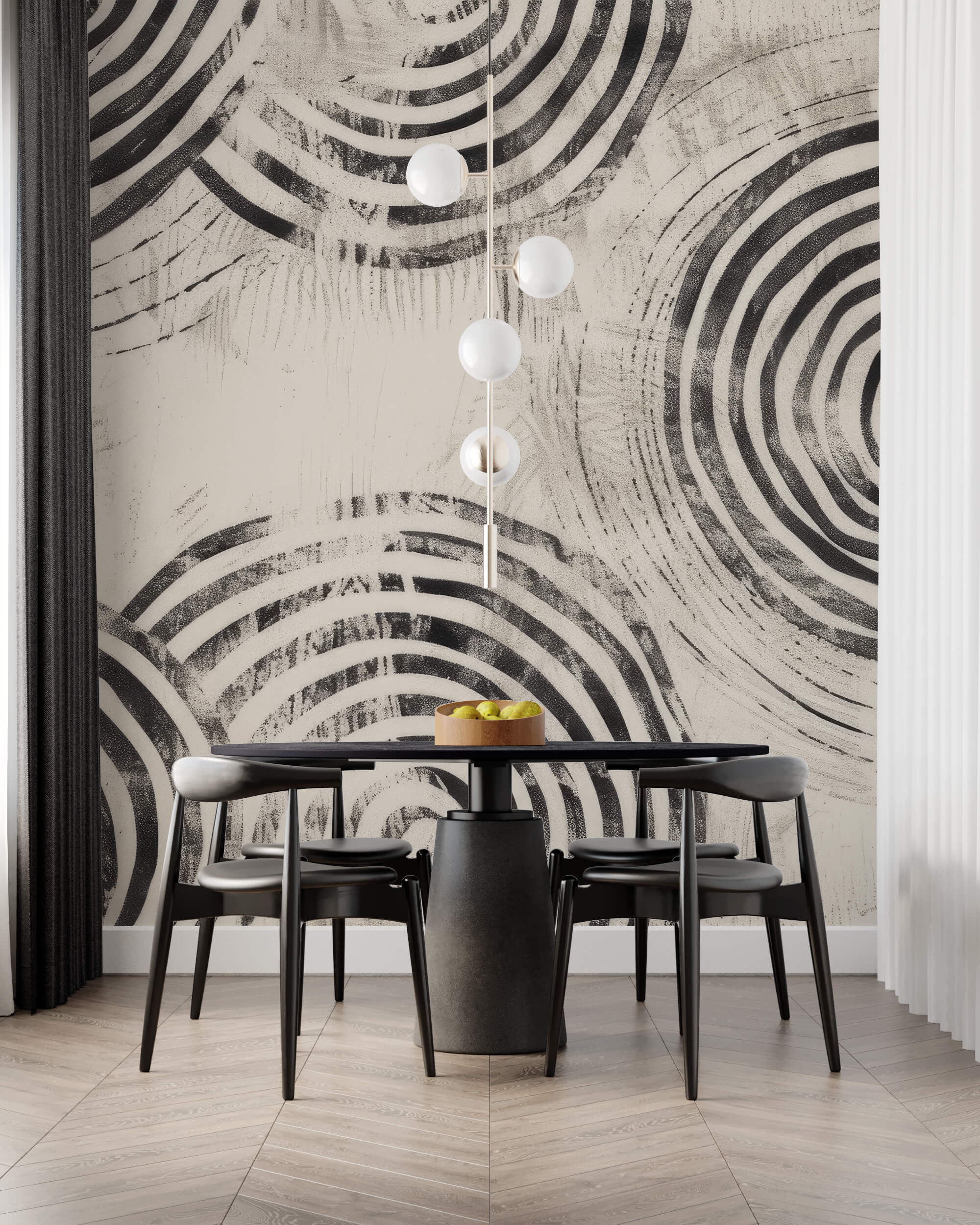 papier peint abstrait cercles noir et blanc avec table de salle à manger noir