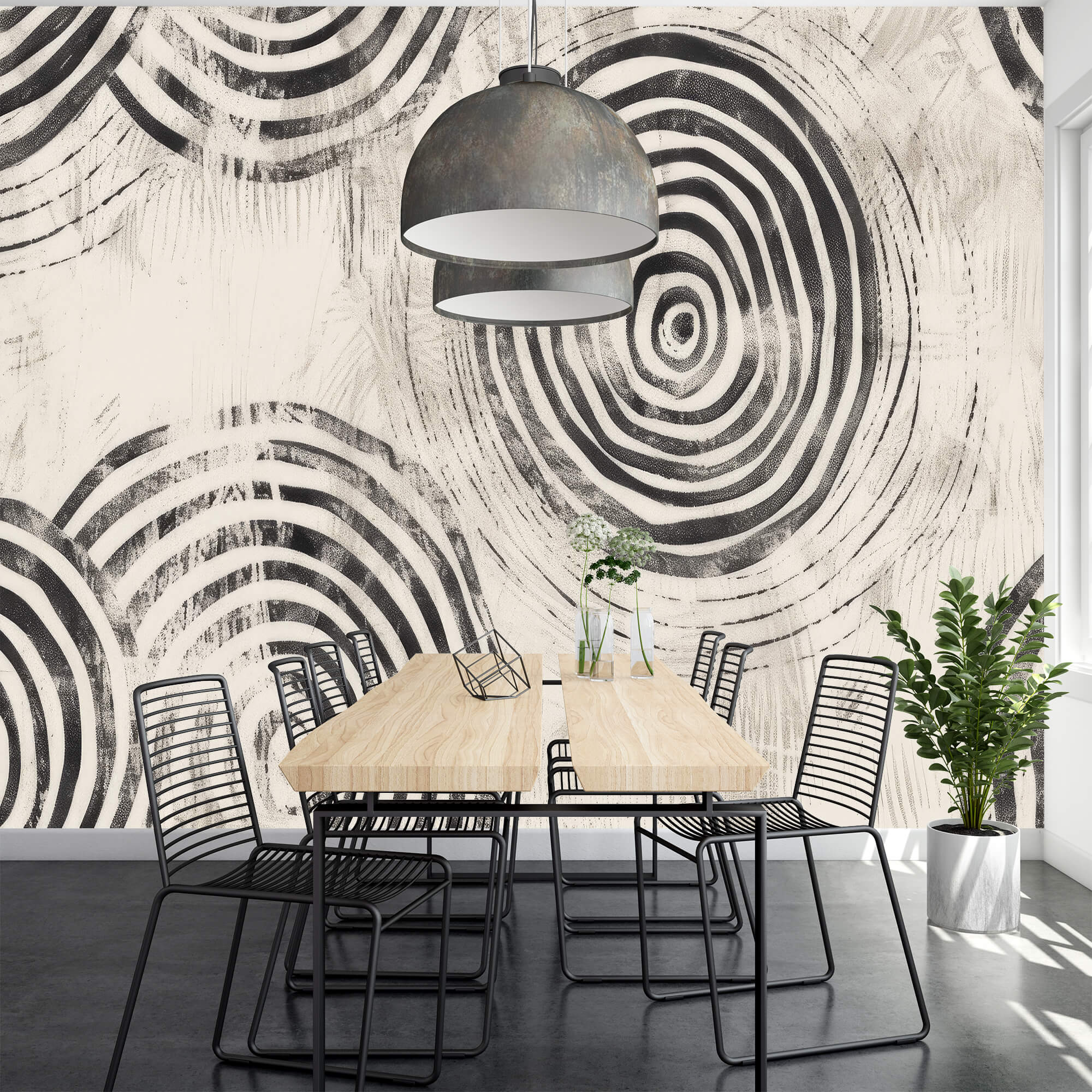 papier peint abstrait cercles noir et blanc dans salle à manger 