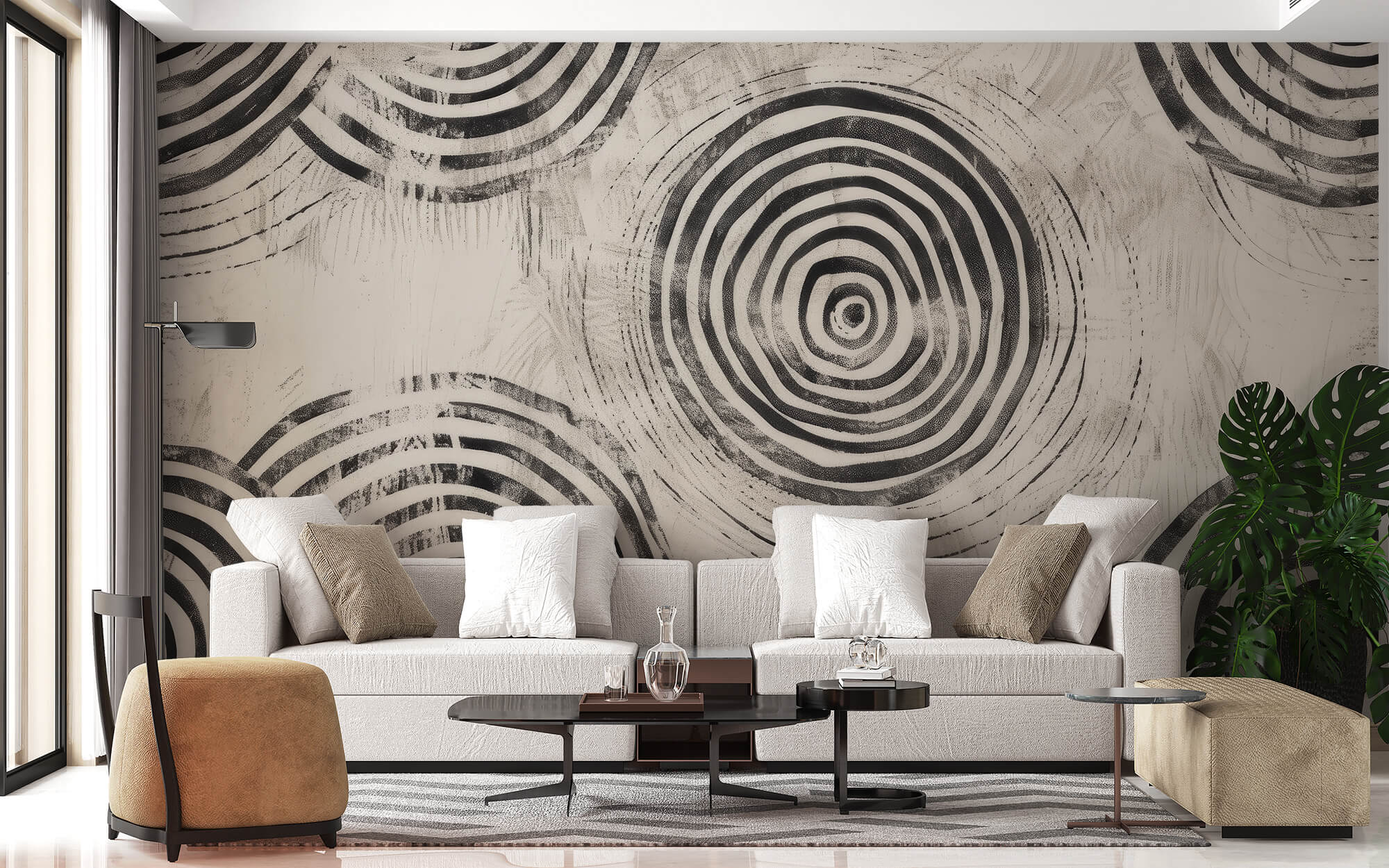 papier peint abstrait cercles noir et blanc dansun salon