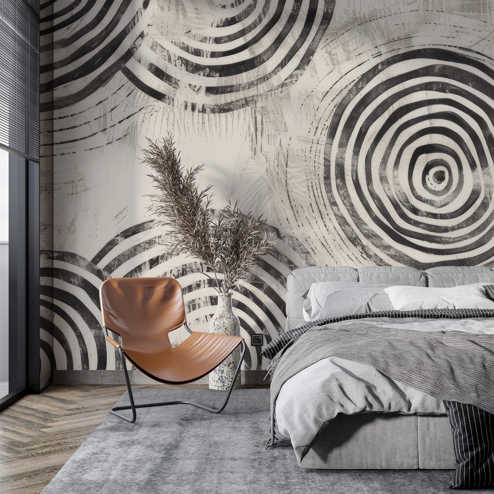 papier peint abstrait cercles noir et blanc dans une chambre