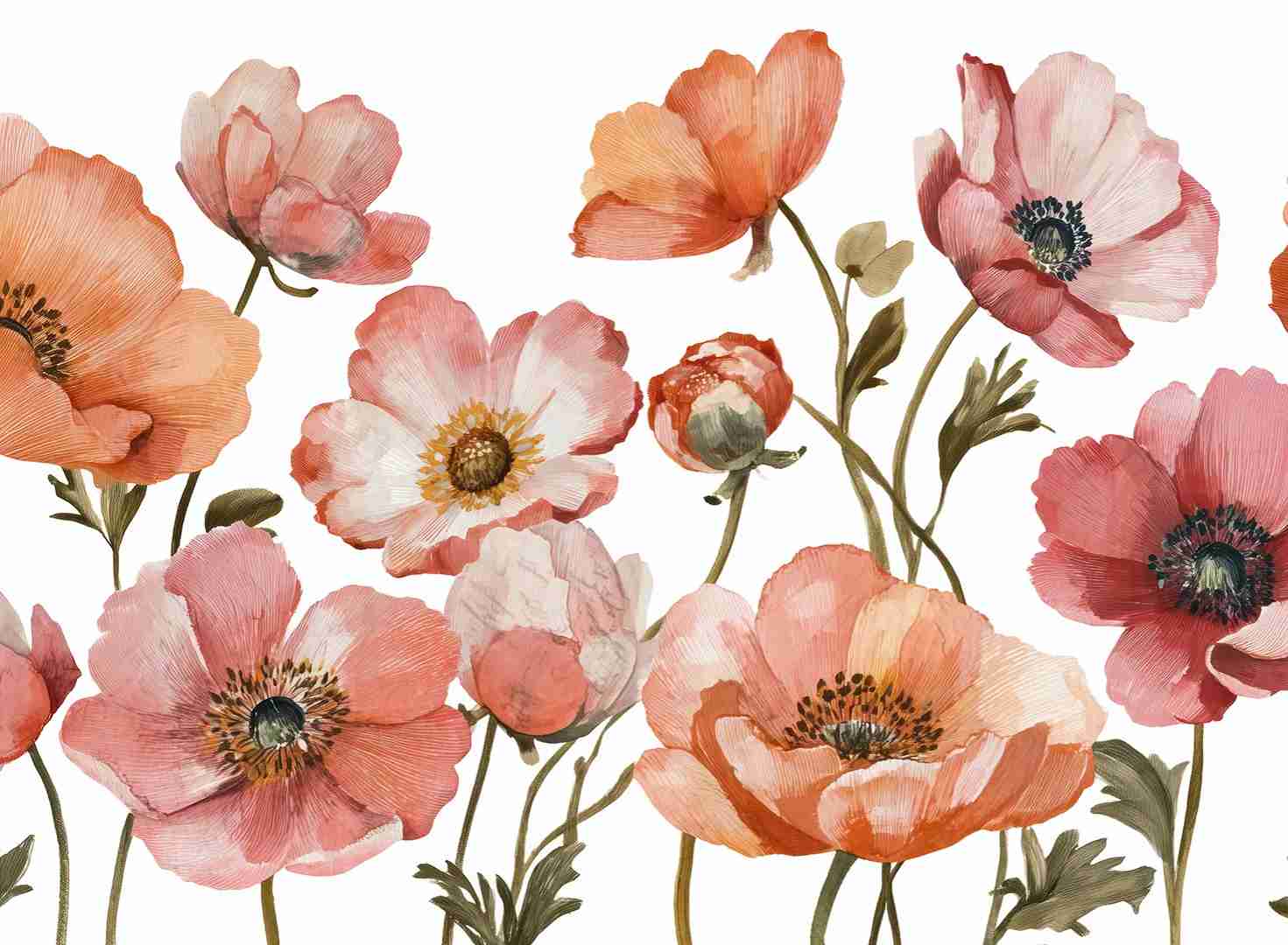 Anémones vibrantes – Papier peint fleuri aux nuances chaudes