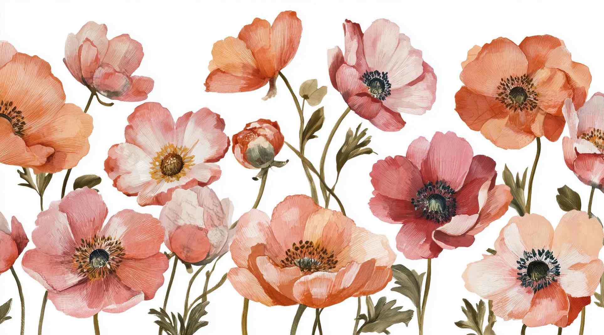 Anémones vibrantes – Papier peint fleuri aux nuances chaudes - Illulart: Papier peint panoramique