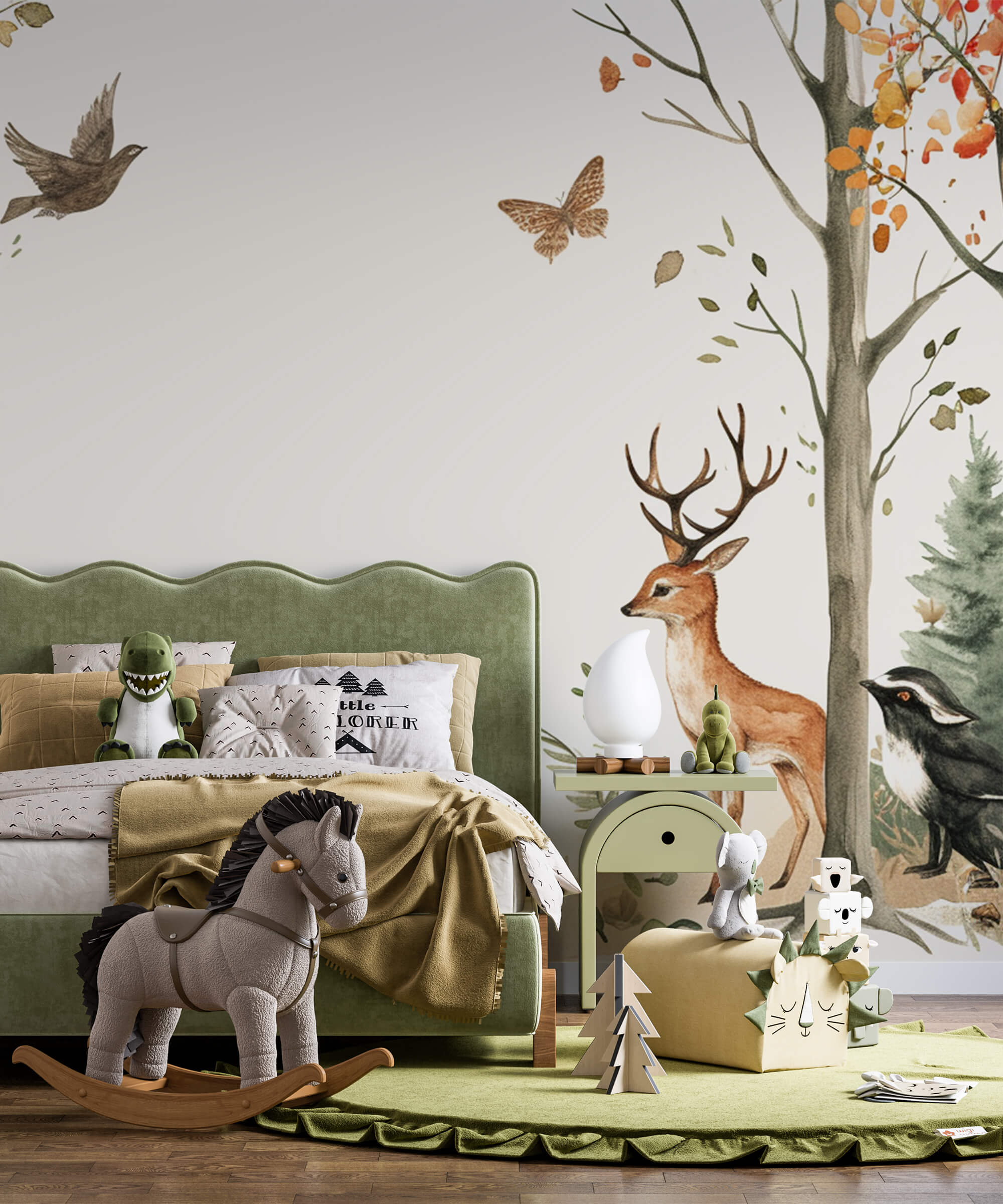 papier peint panoramique animaux de la forêt renard cerf dans une chambre d'enfant