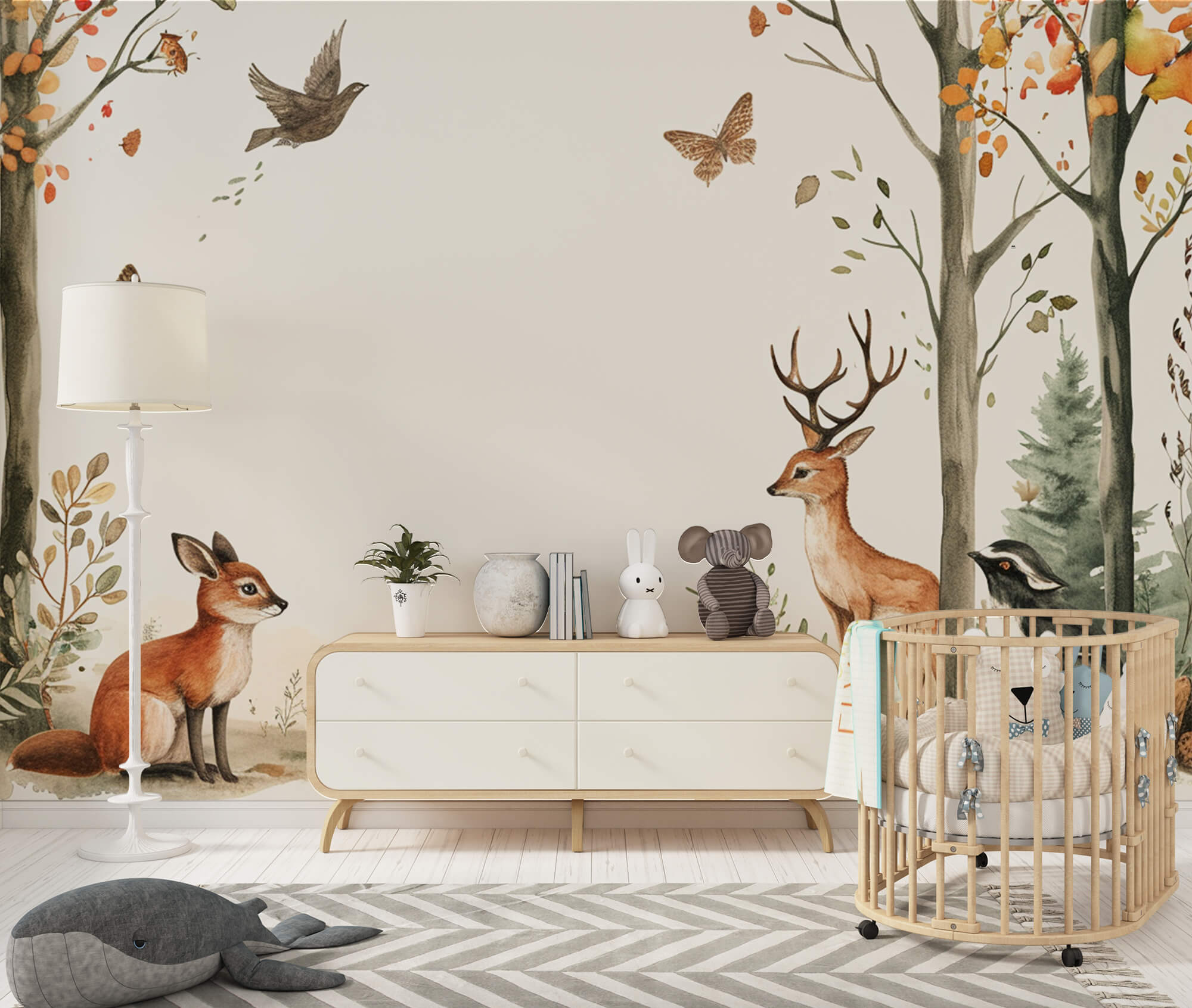 papier peint panoramique animaux de la forêt renard cerf dans une chambre de bébé