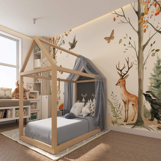 papier peint panoramique animaux de la forêt renard cerf dans une chambre d'enfant