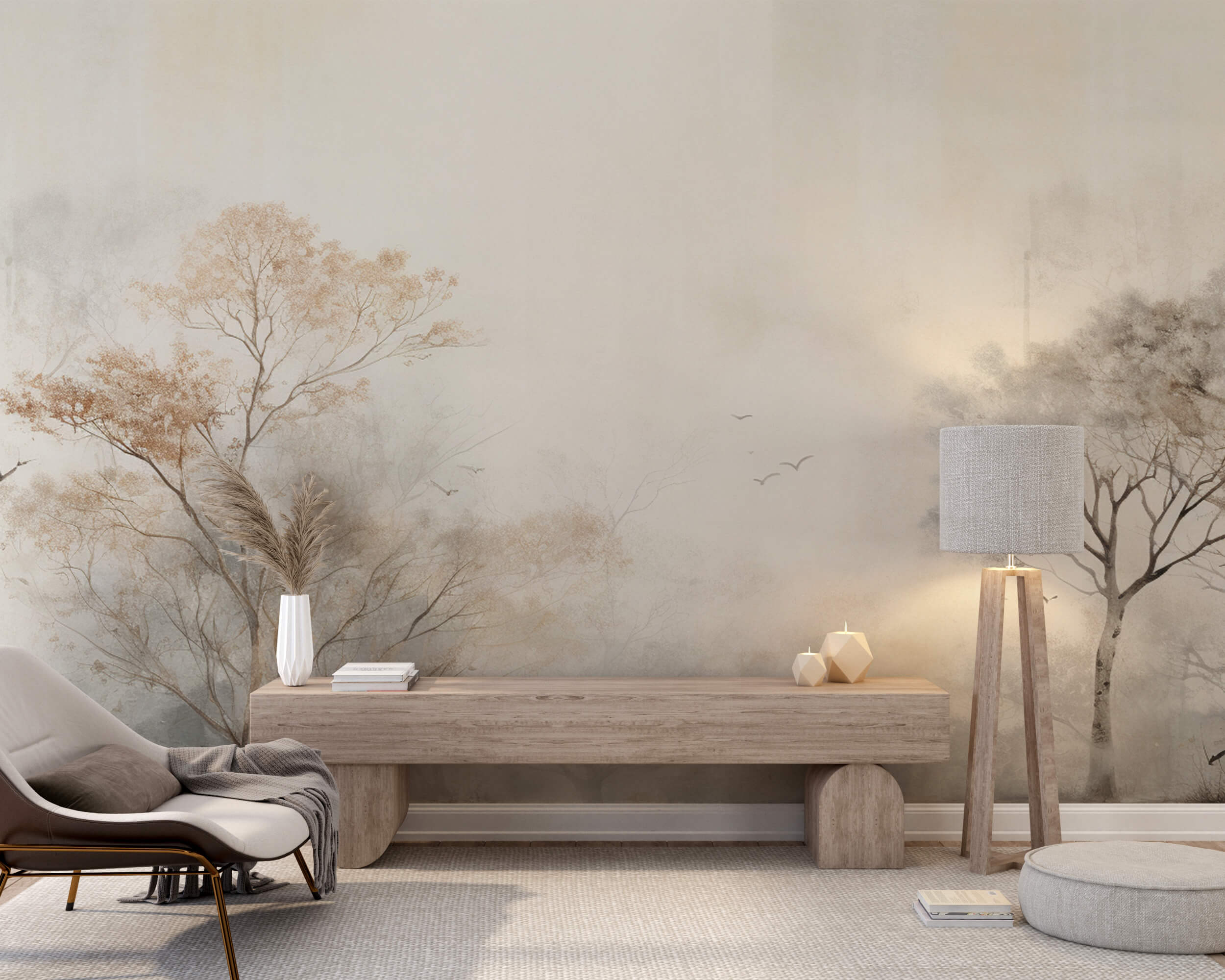 Papier peint panoramique arbres dans la brume dans un salon