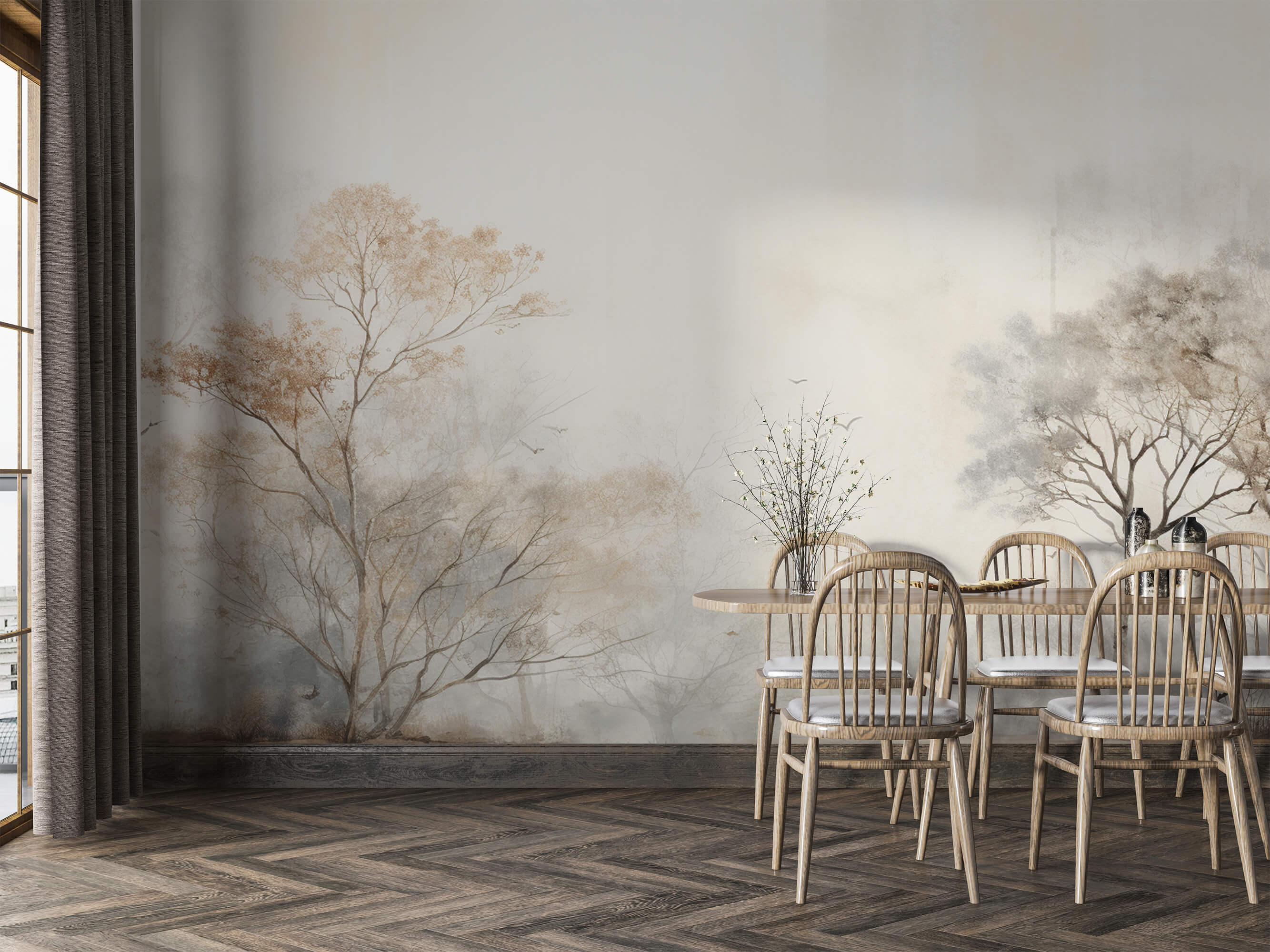 Papier peint panoramique arbres dans la brume dans une salle à manger