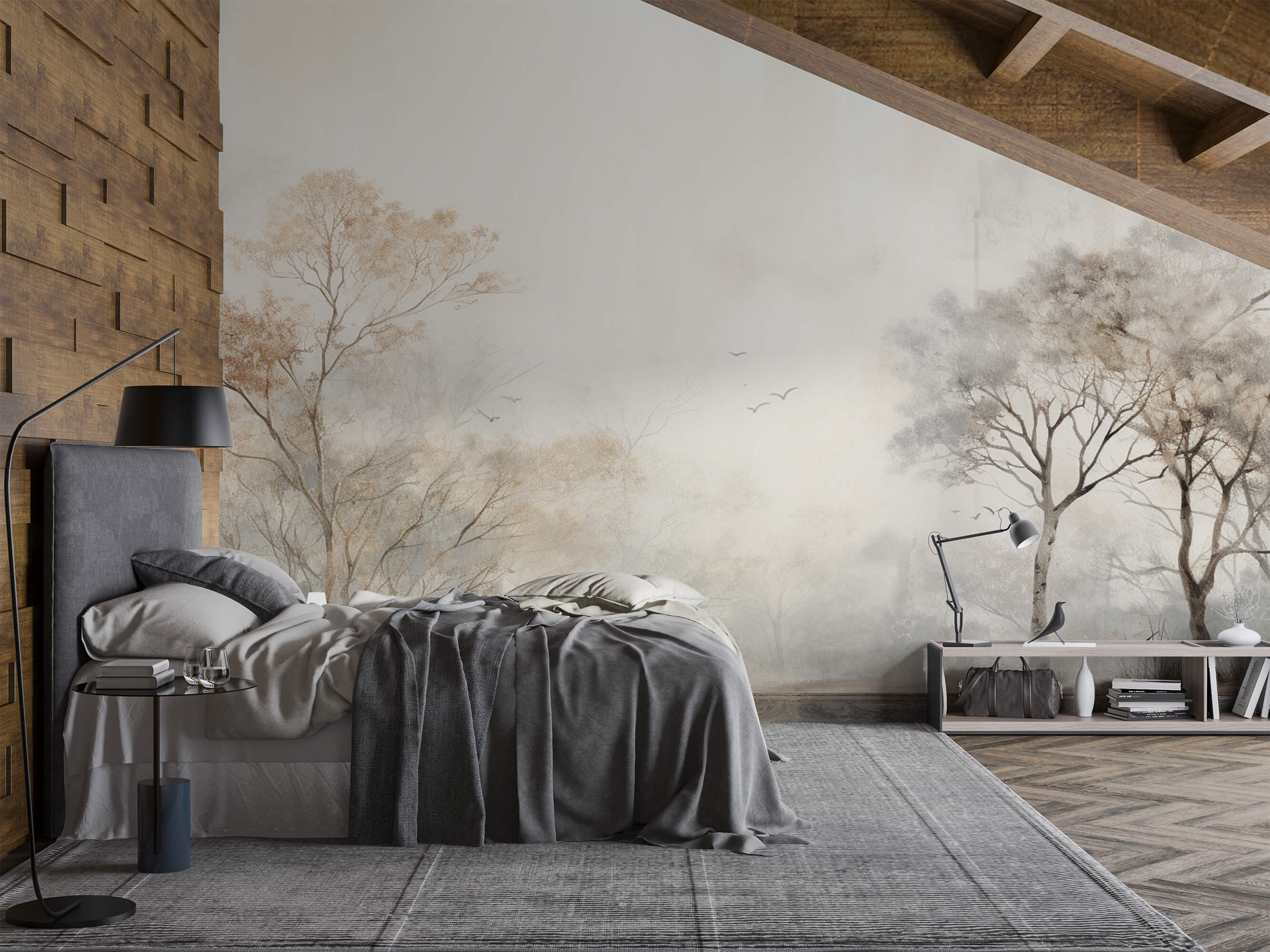 Papier peint panoramique arbres dans la brume dans une chambre 