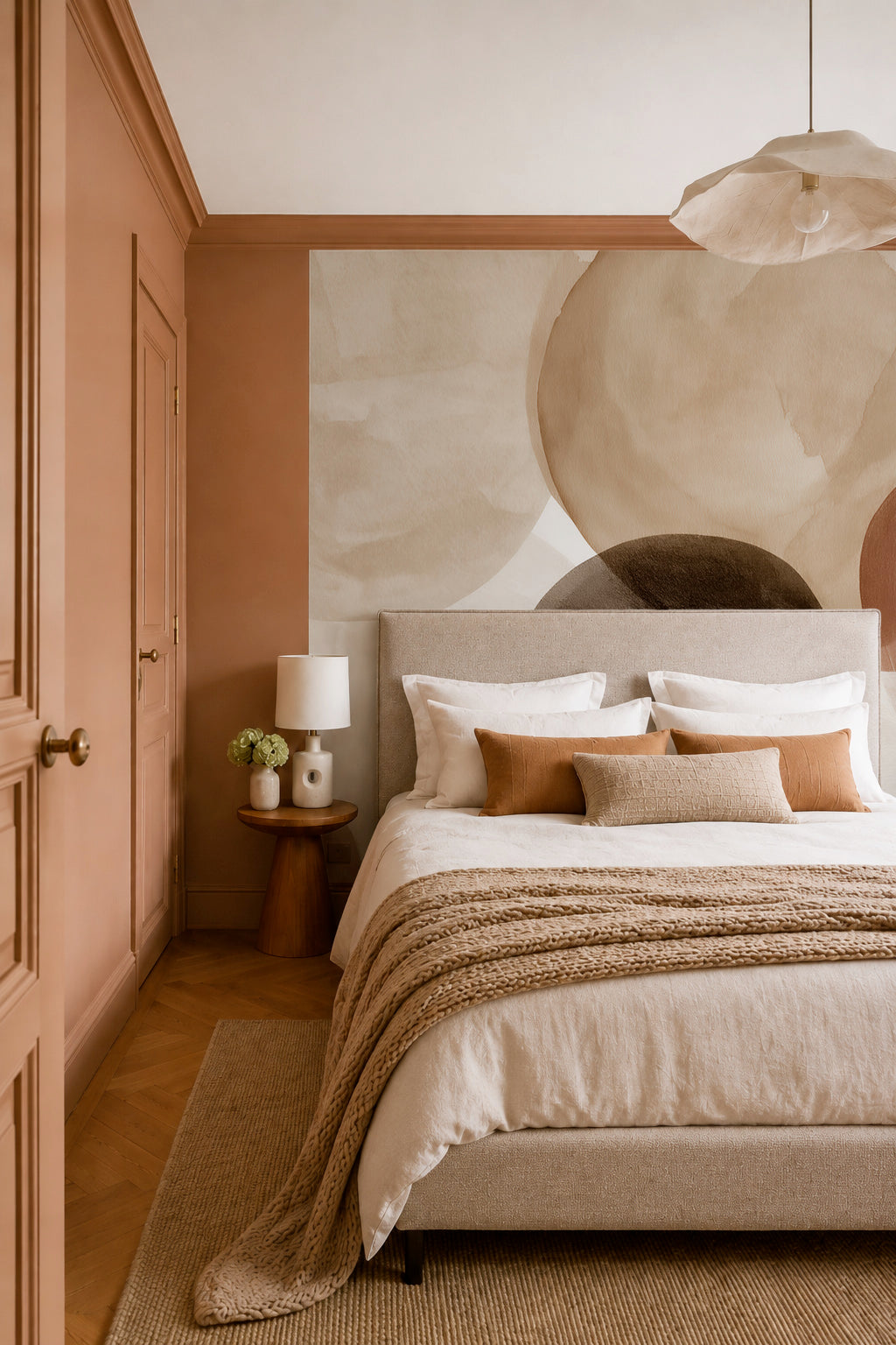 Chambre aux murs terracotta devant un papier peint panoramique de galets aquarelle beige et terracotta
