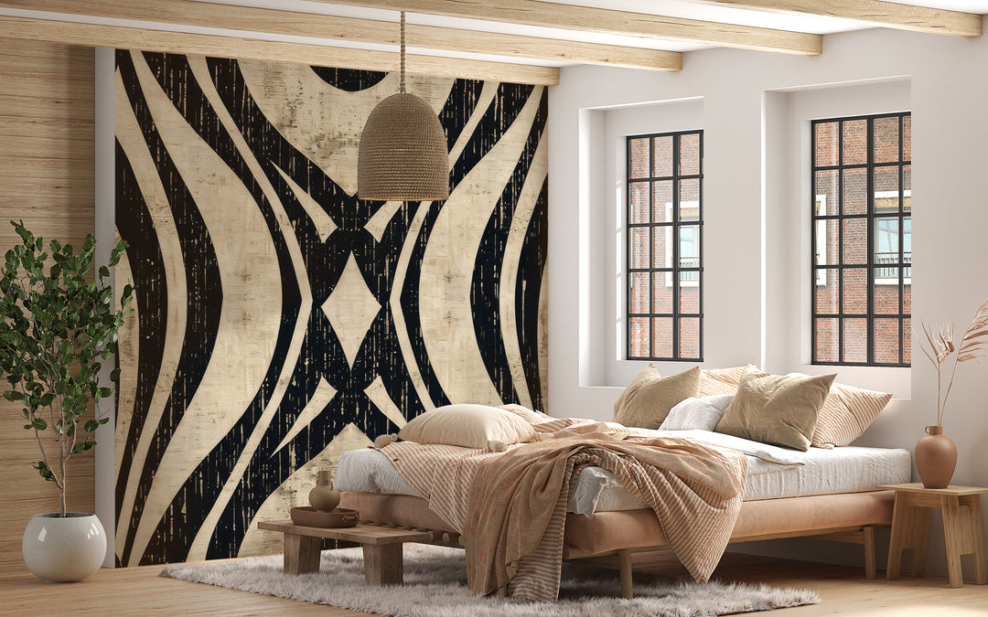 Art Deco Chic: Black and Beige Geometric Pattern Wallpaper