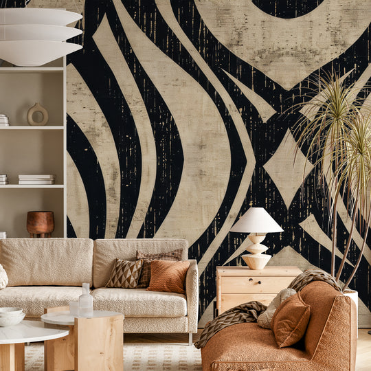 Art Deco Chic: Black and Beige Geometric Pattern Wallpaper