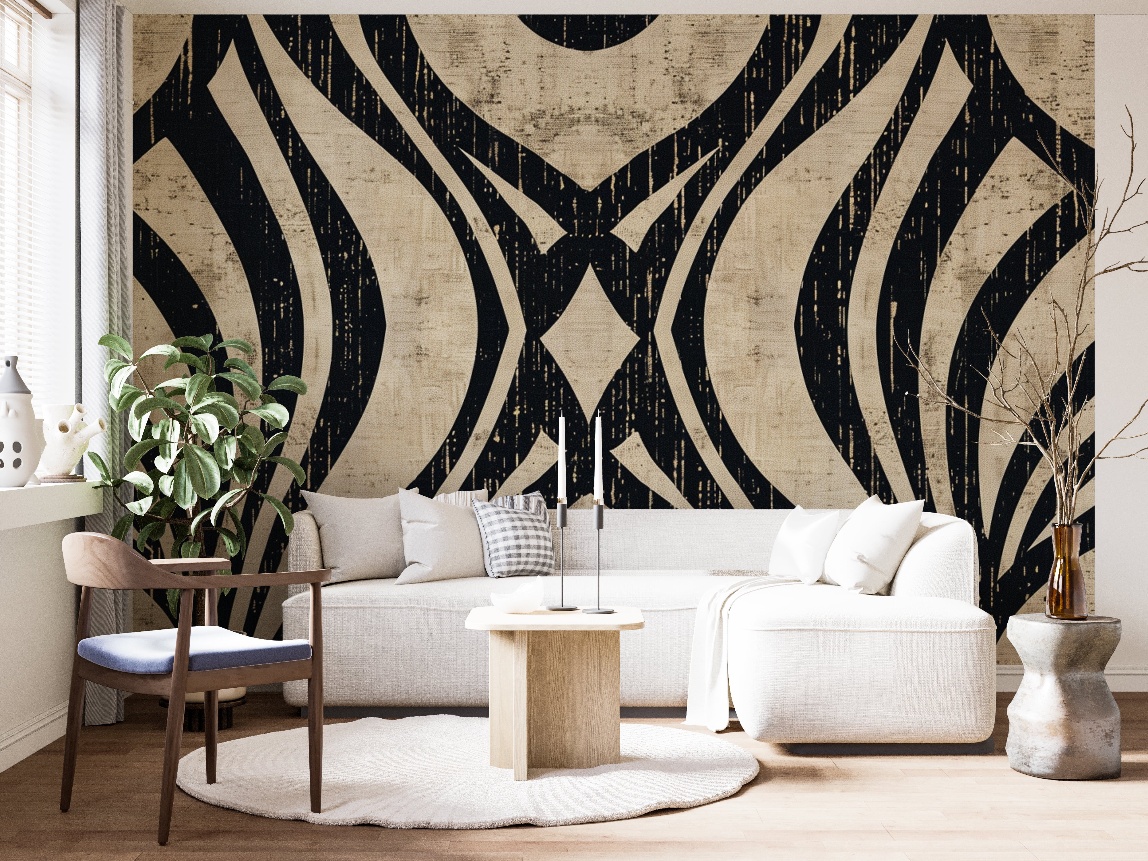 Art Deco Chic: Black and Beige Geometric Pattern Wallpaper