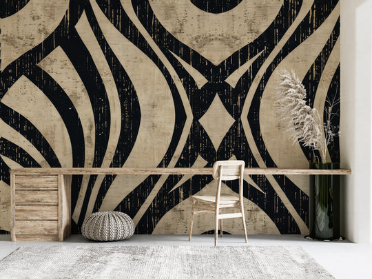 Art Deco Chic: Black and Beige Geometric Pattern Wallpaper