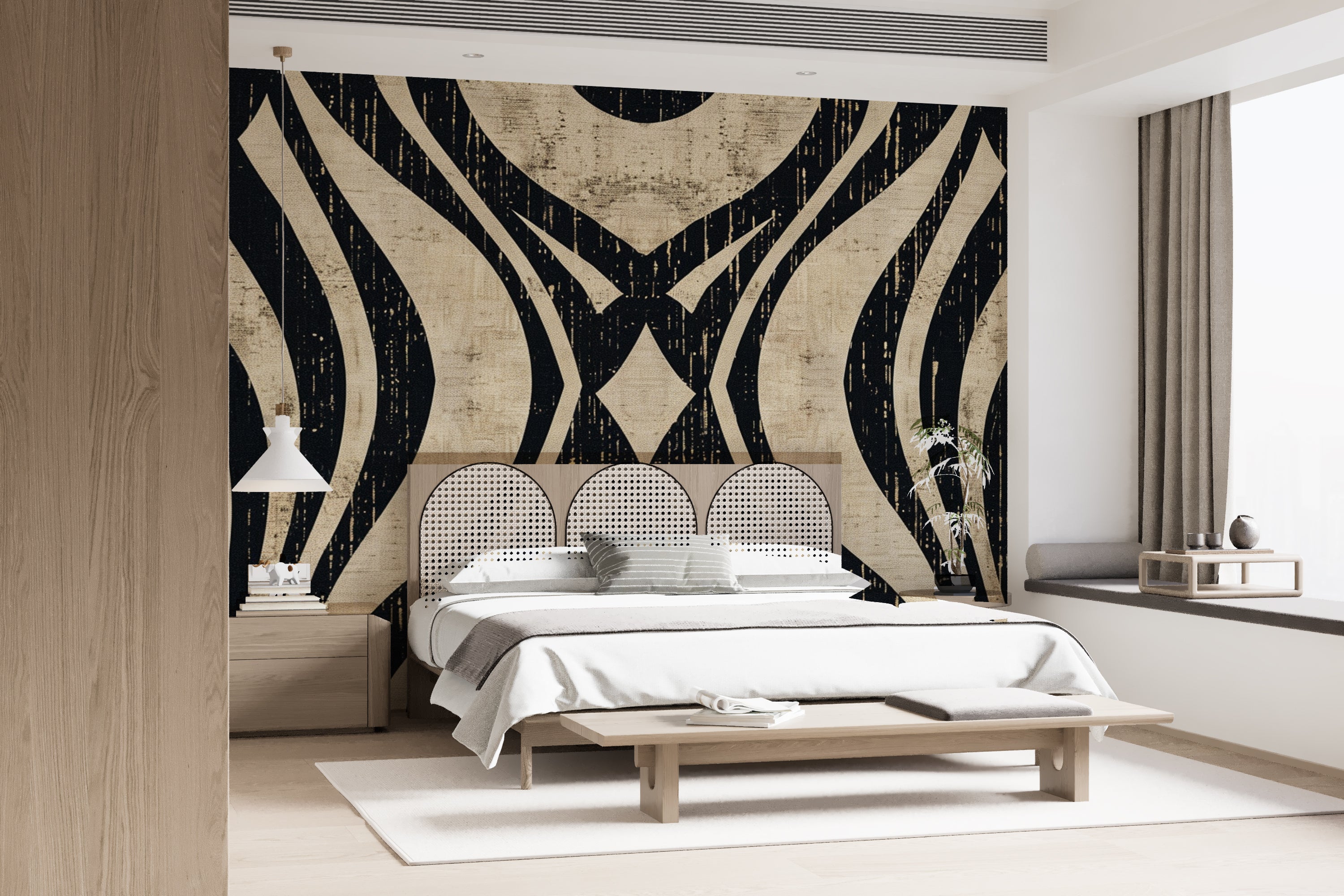 Art Deco Chic: Black and Beige Geometric Pattern Wallpaper