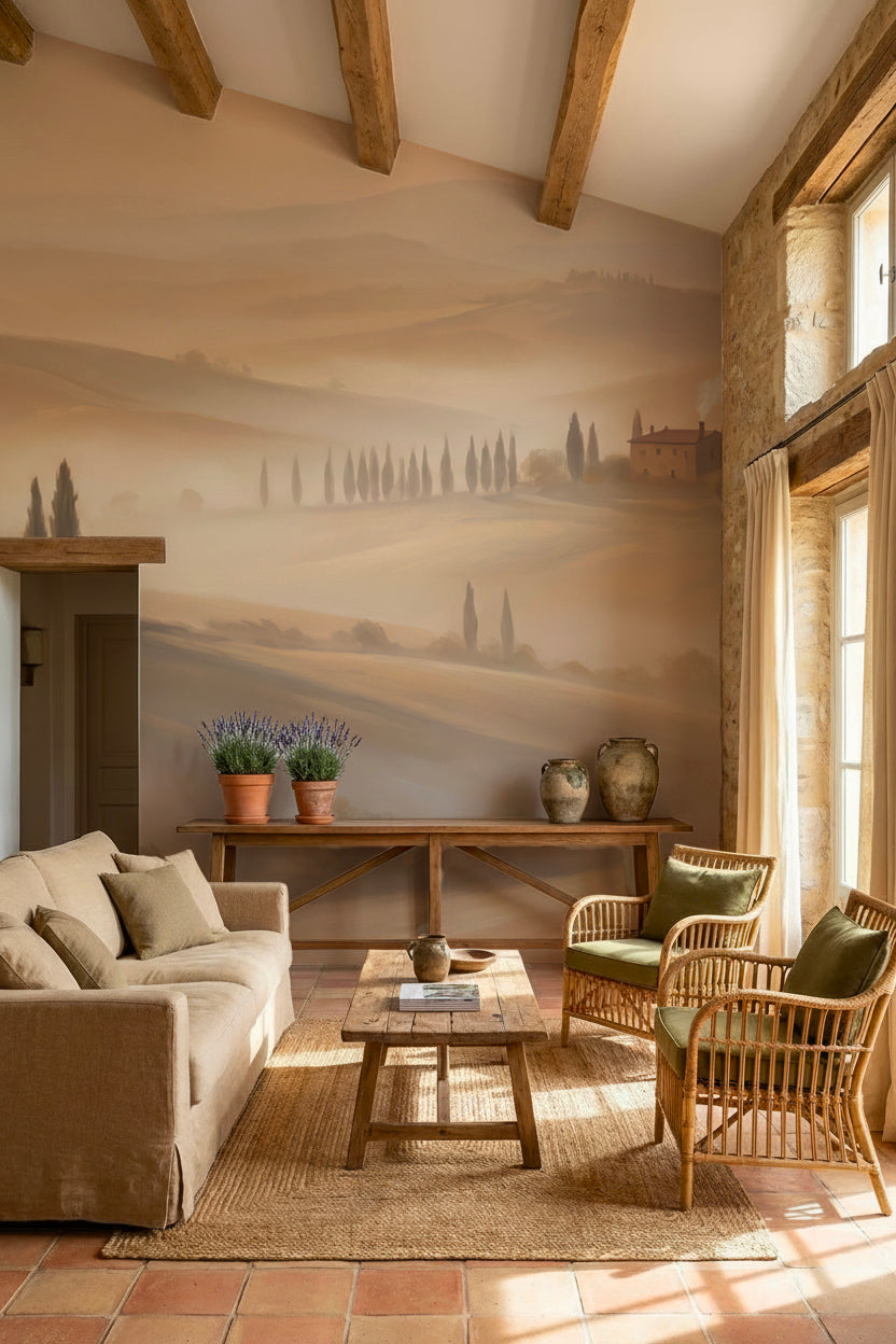 Salon méditerranéen avec canapé en lin, fauteuils en rotin et poutres apparentes devant un papier peint panoramique de collines toscanes dans la brume
