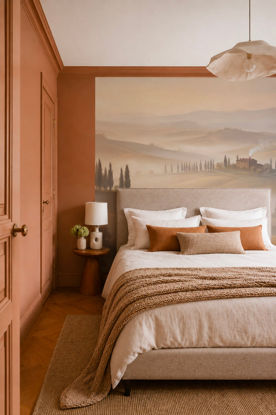 Chambre aux murs terracotta devant un papier peint panoramique de paysage toscan brumeux