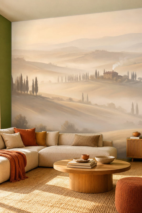 Salon avec mur vert olive et canapé crème devant un papier peint panoramique de Toscane au lever du jour