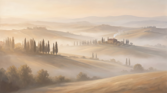 Aube sur la Toscane - papier peint panoramique, motif à plat