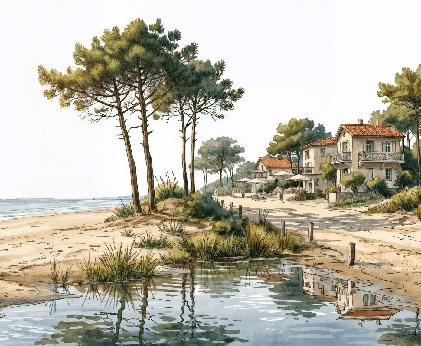 Balade au Cap Ferret – Papier peint panoramique évasion entre océan, sable et pinède