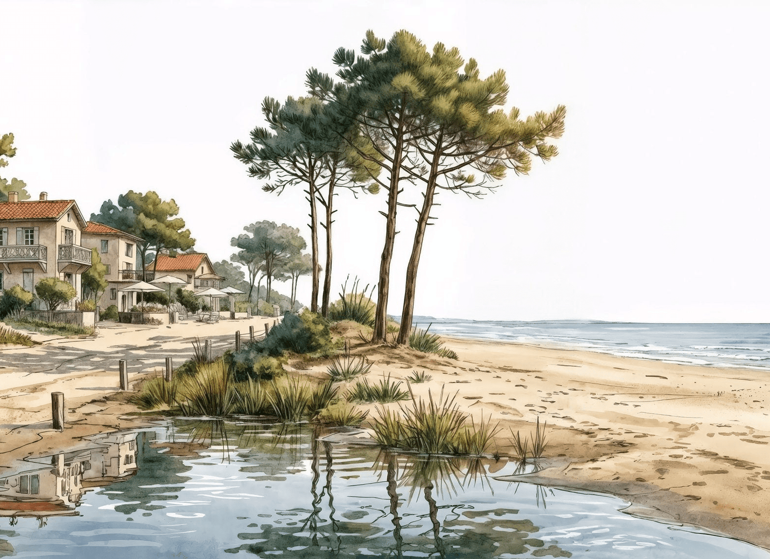 Balade au Cap Ferret – Papier peint panoramique évasion entre océan, sable et pinède - Illulart: Papier peint panoramique